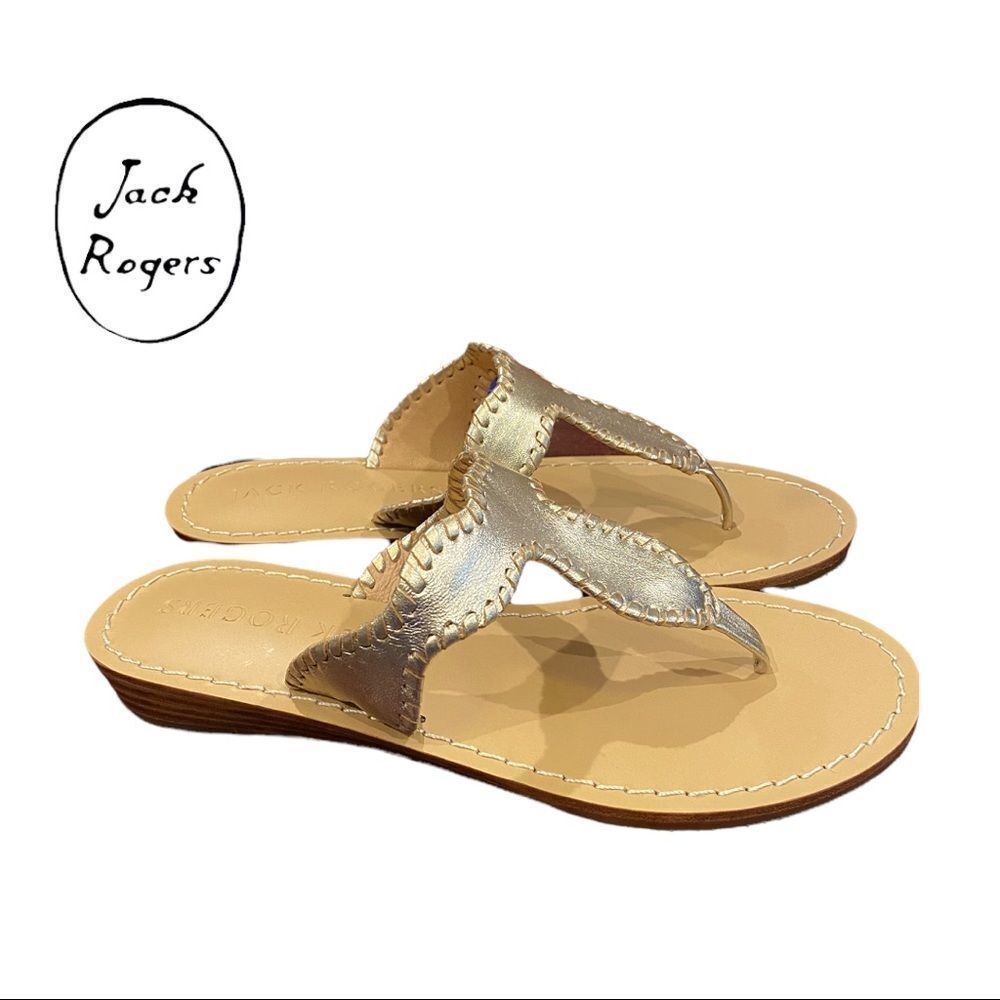 New in Box  JACK ROGERS Jackie Demi Plati Wedge Thong Sandals 5